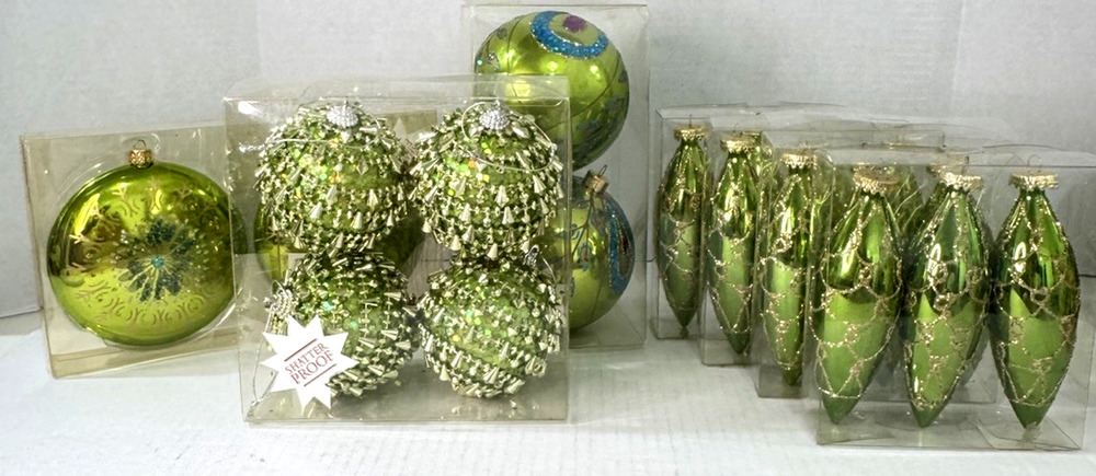 Lot of 20 Hobby Lobby + Home Goods Glass Christmas Ornaments Green Gold Silver